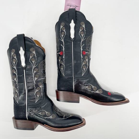 Lucchese Black Rosa Muerte Skull Rose Embroidered Western Cowgirl Boot size 7.5 - Picture 4 of 12